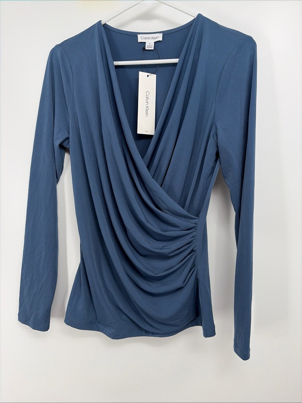 CALVIN KLEIN Women’s Small Faux Wrap Top Blue Ruched Stretch Long Sleeve New